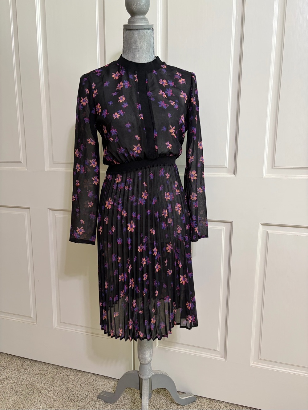 Maje Black Floral Sheer Pleated Dress Purple Pink Size 1 Small